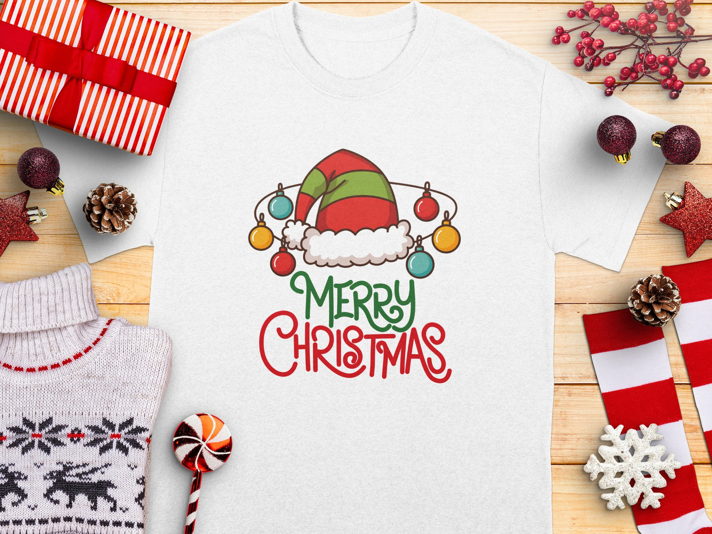 Festive Merry Christmas Elf Hat Holiday Shirt