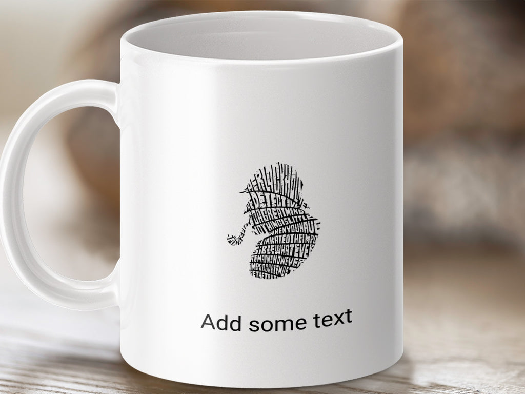 White mug with seahorse design made of words, "Add some text" below.
