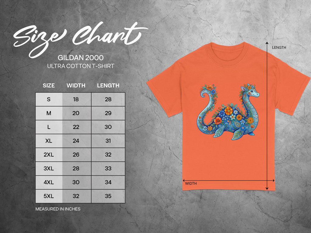 Gildan 2000 Ultra Cotton T-shirt size chart with measurements in inches.