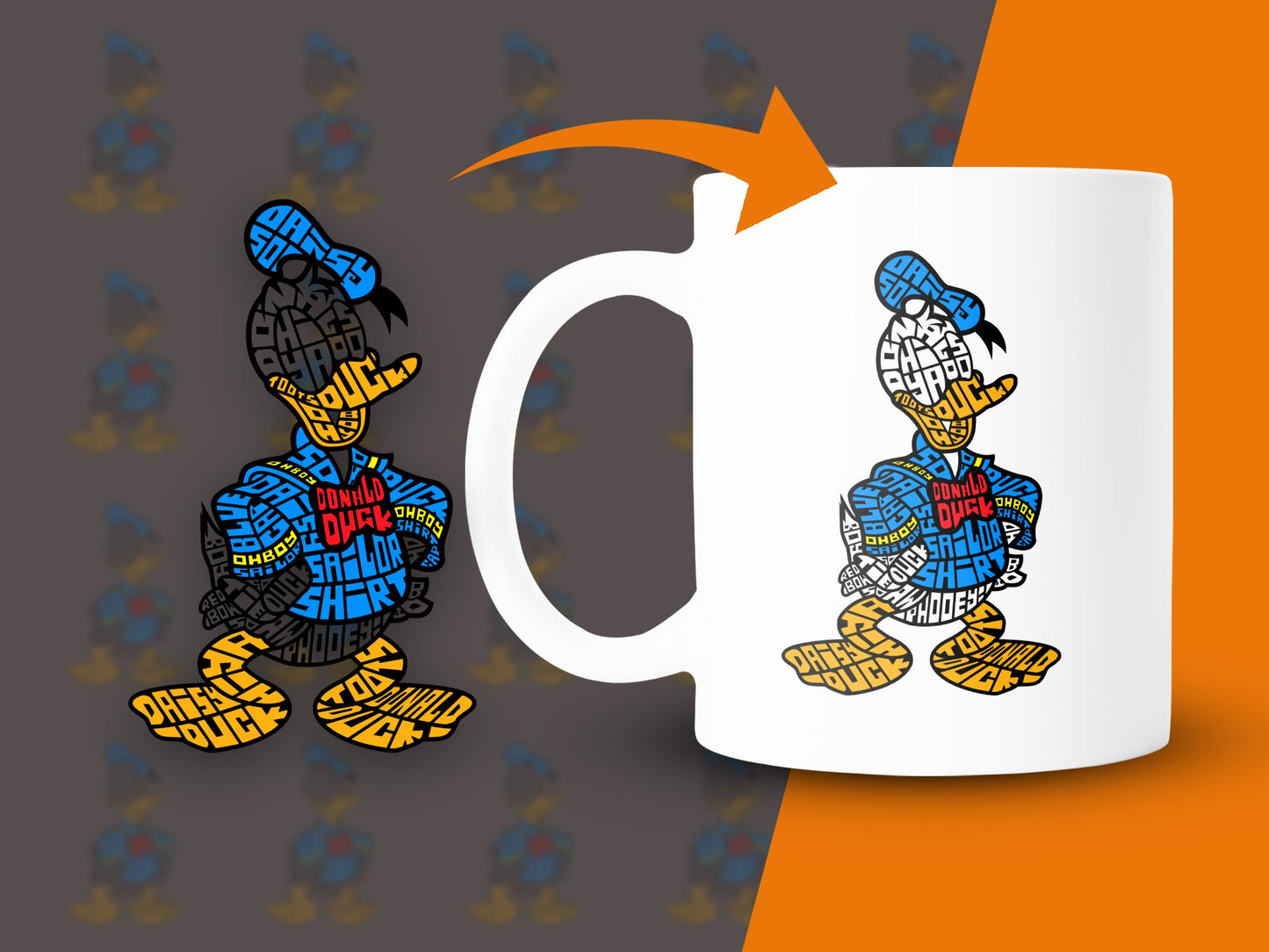Donald Duck mug with text art in blue and yellow.