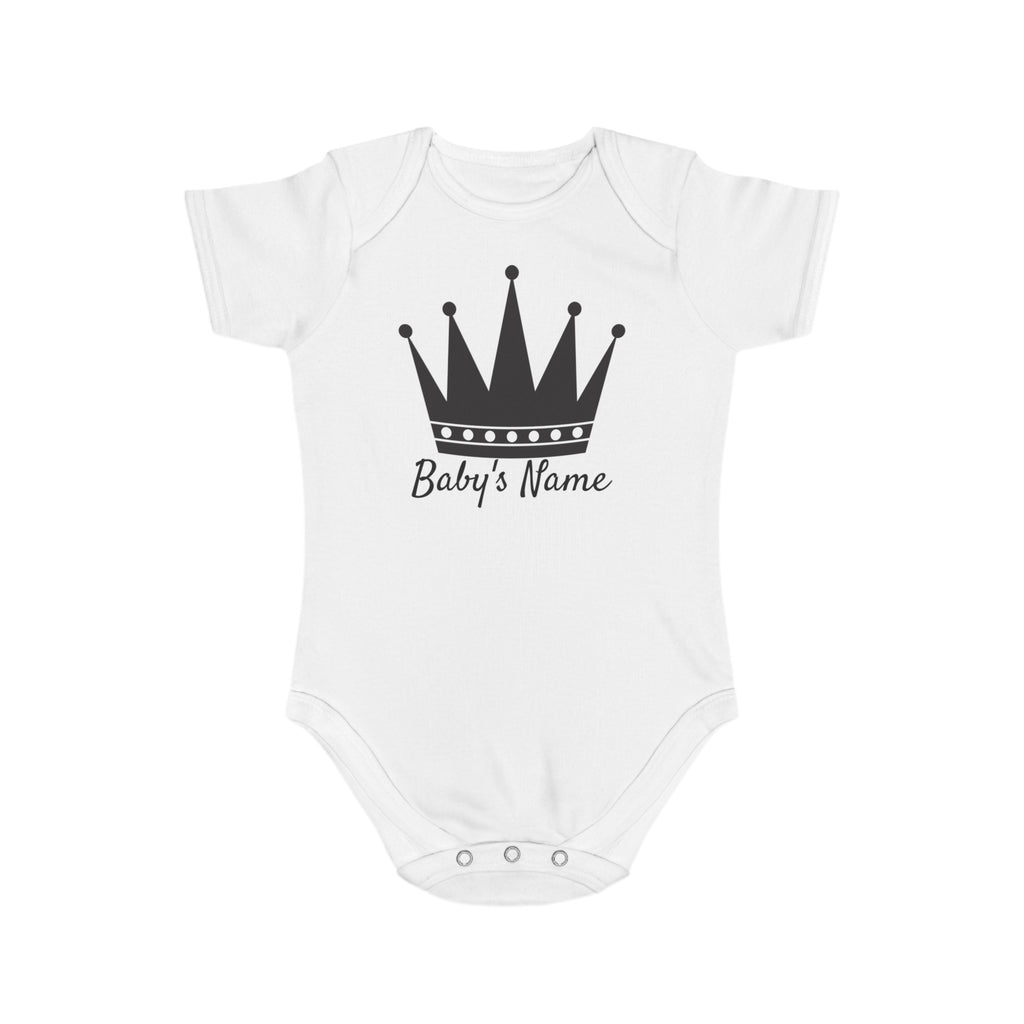 White baby onesie with a black crown and "Baby's Name" text.