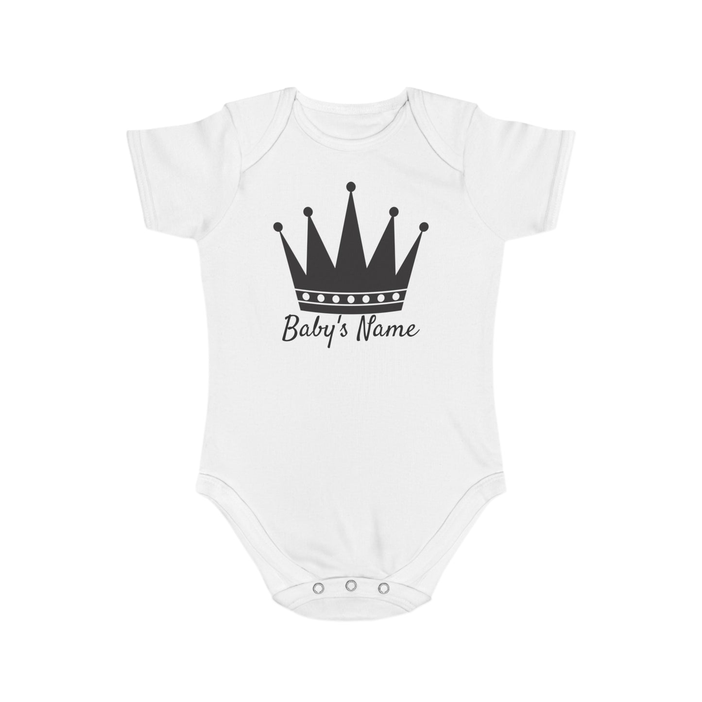 White baby onesie with a black crown and "Baby's Name" text.