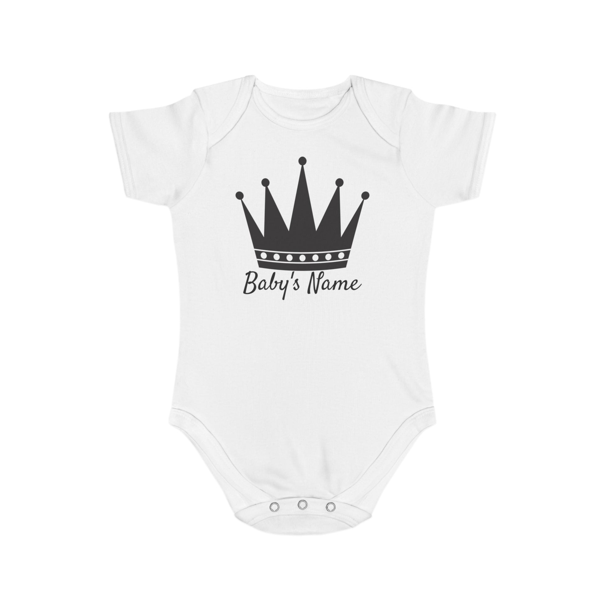 White baby onesie with a black crown and "Baby's Name" text.