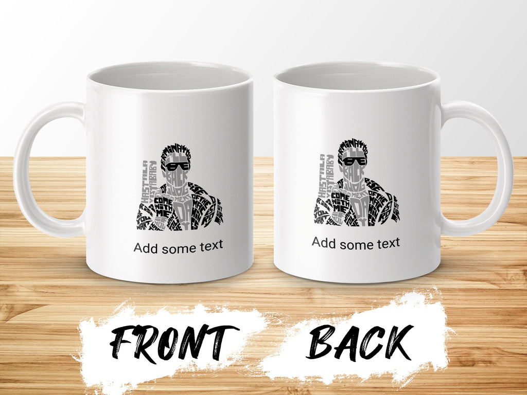 White mugs with a stylized portrait made of text.