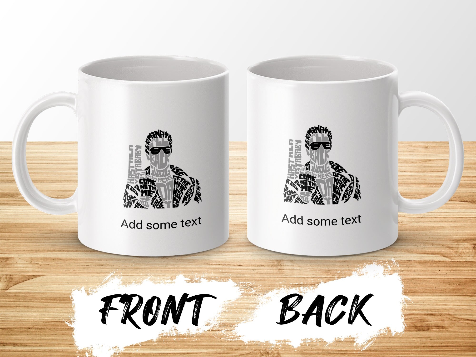 White mugs with a stylized portrait made of text.