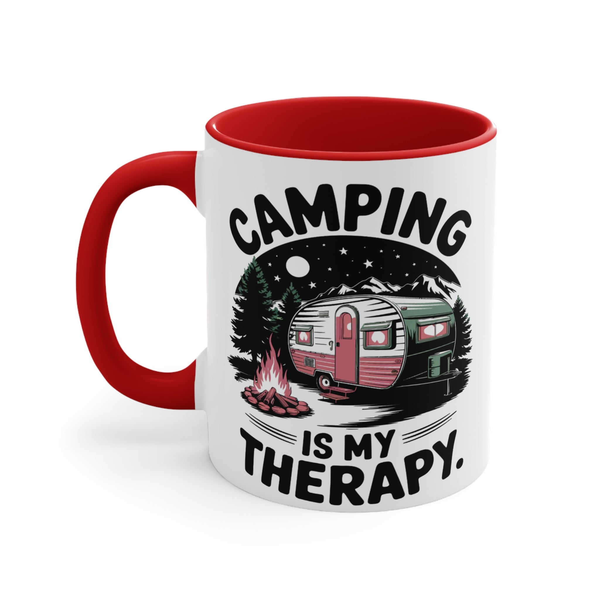 White mug with red handle, featuring a vintage trailer scene, campfire, and text.