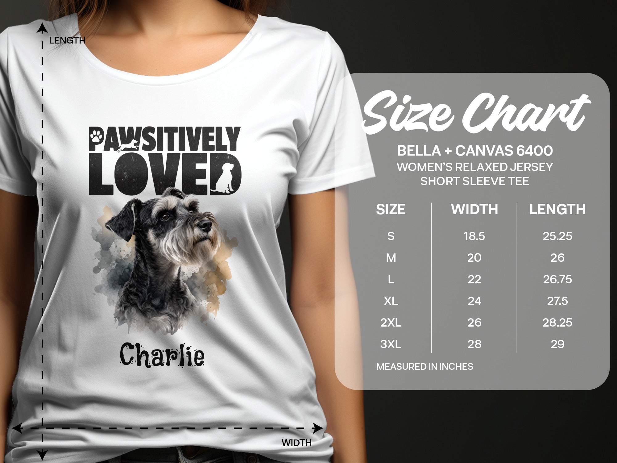 Women's t-shirt with watercolor schnauzer graphic and "Pawsitively Loved" text.