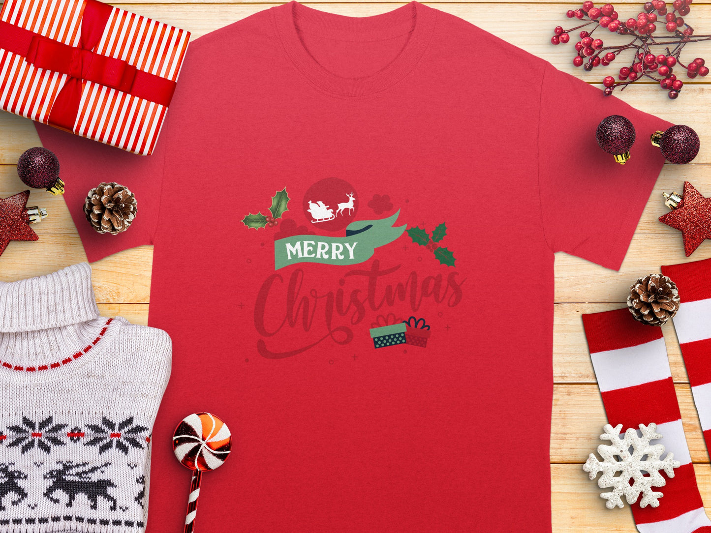 Festive Merry Christmas Red Graphic Tee Shirt