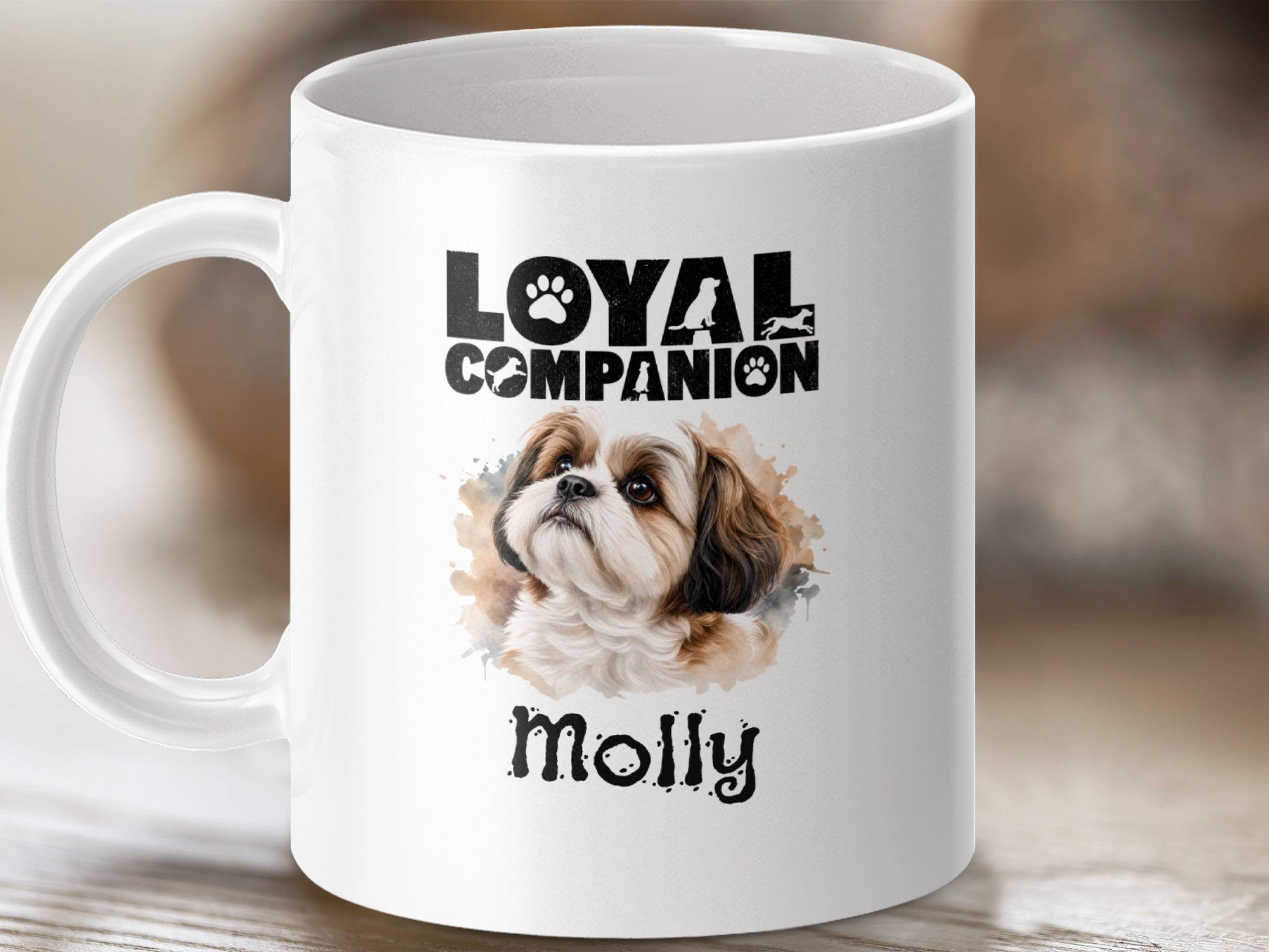 White mug with "Loyal Companion" text and a Shih Tzu portrait named Molly.