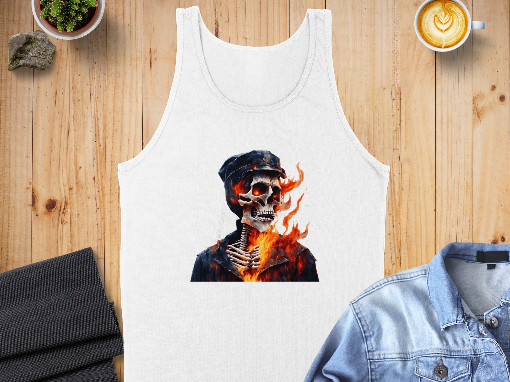 Fiery Skull in Hat Design Graphic Tank Top