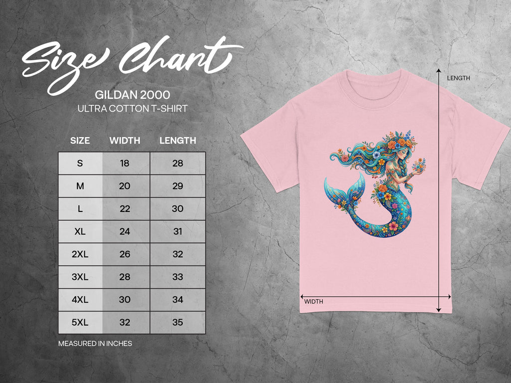 Gildan 2000 Ultra Cotton t-shirt size chart with measurements in inches.