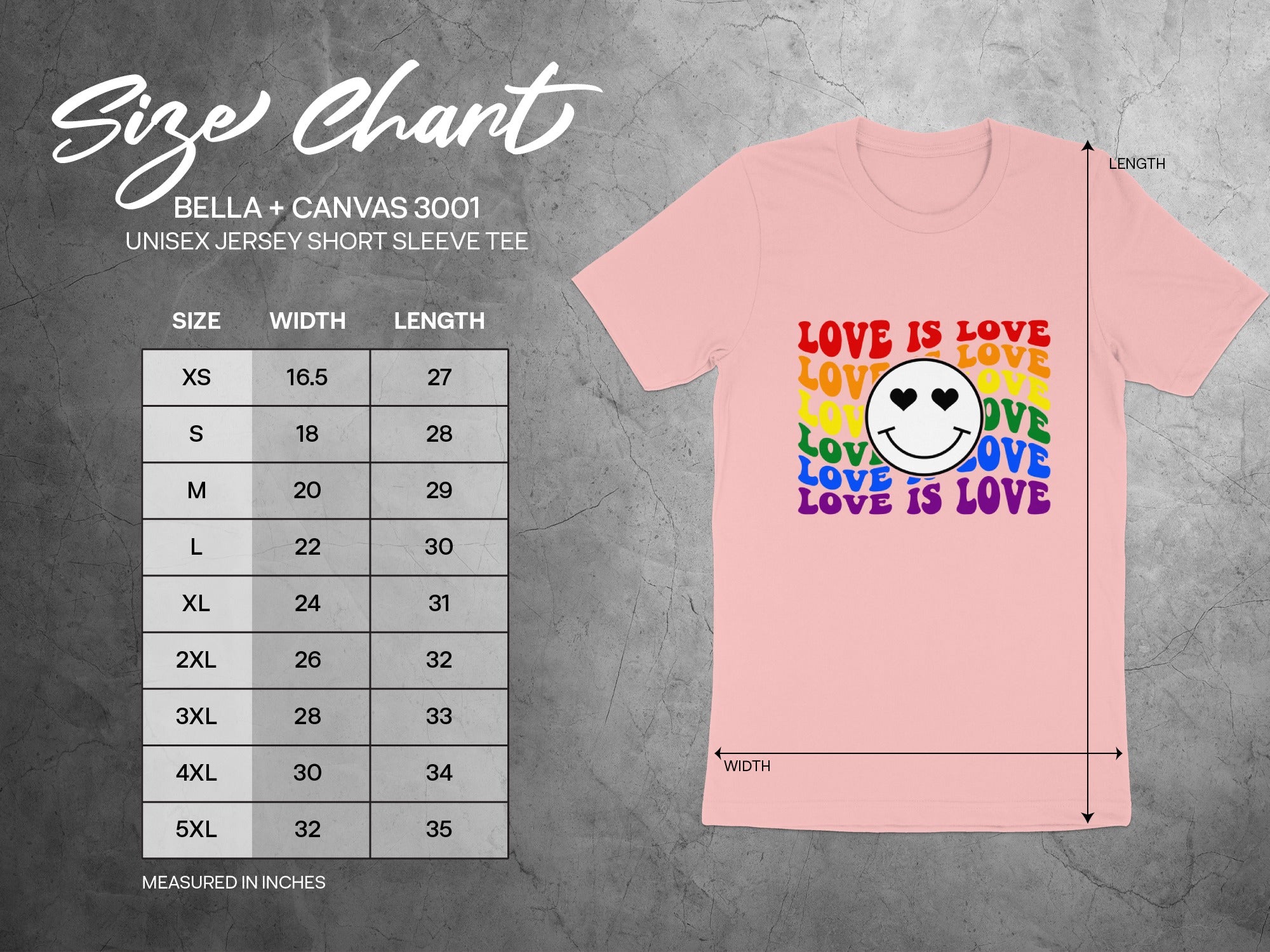 BELLA + CANVAS 3001 size chart for unisex short sleeve tee with graphic.
