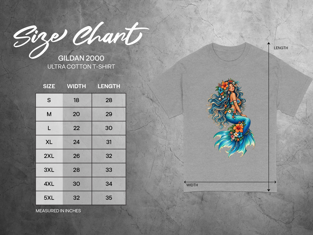 Gildan 2000 Ultra Cotton T-Shirt size chart with measurements in inches.