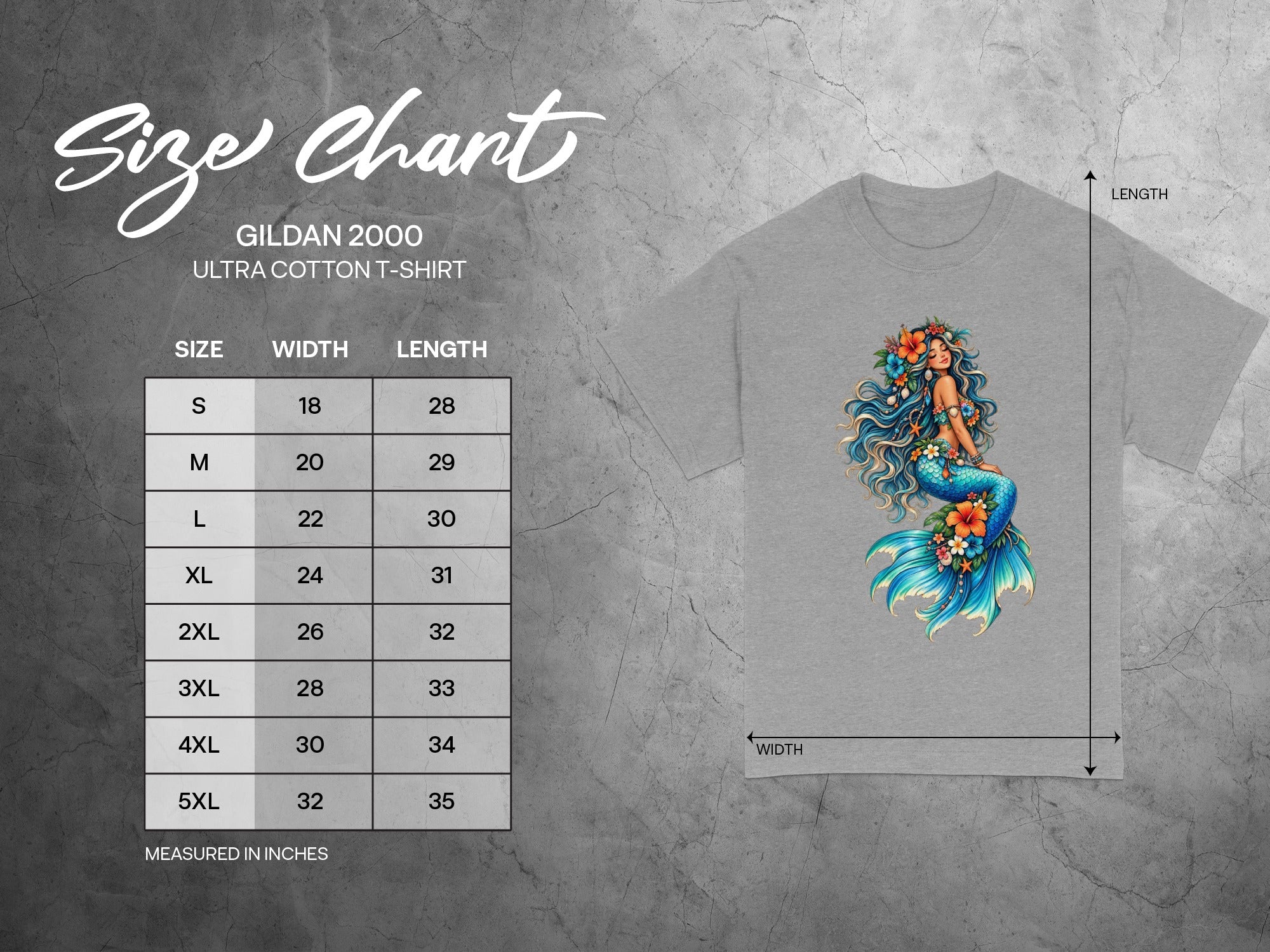 Gildan 2000 Ultra Cotton T-Shirt size chart with measurements in inches.