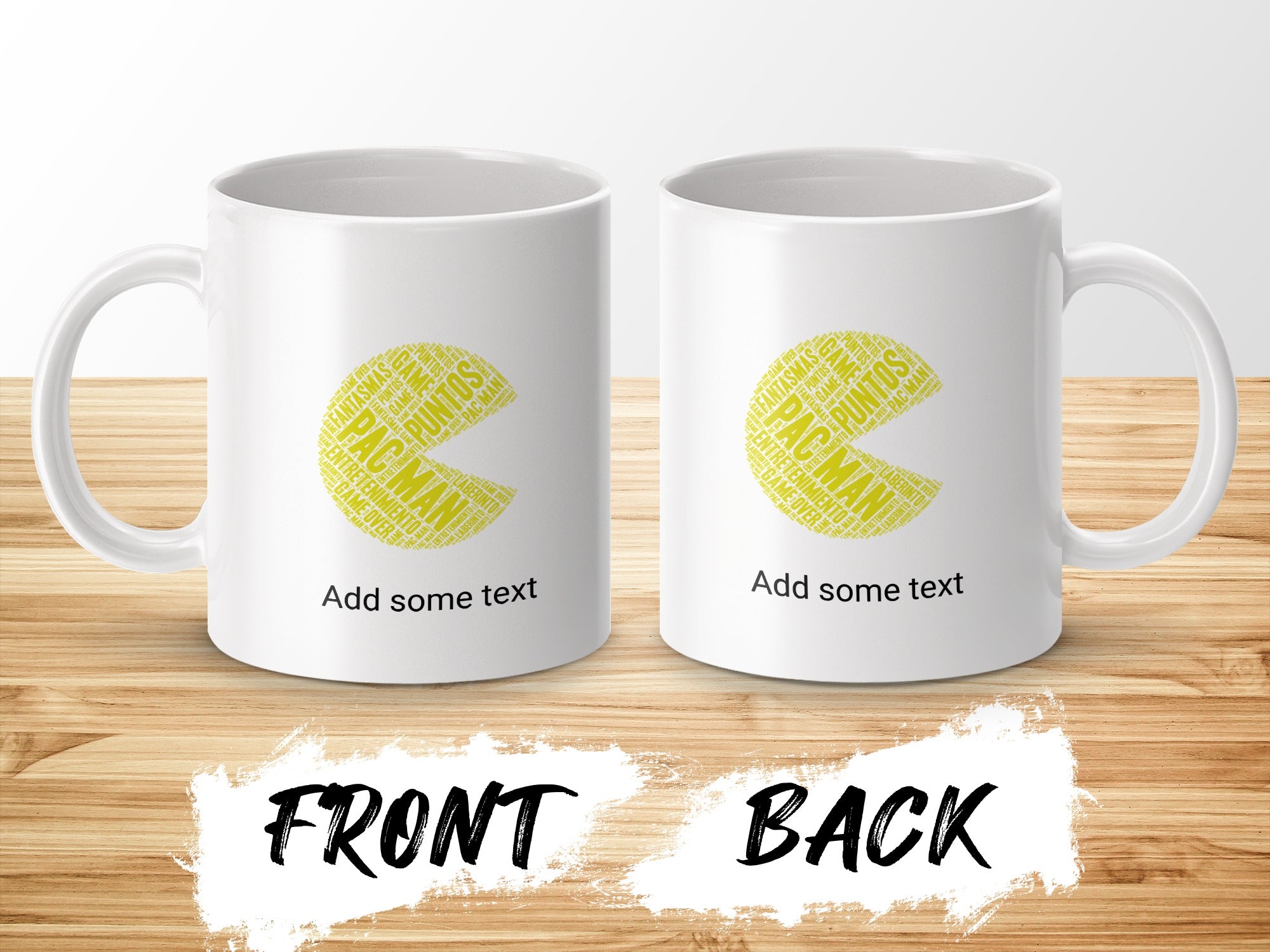 White mug with Pac-Man themed text design, showing front and back.