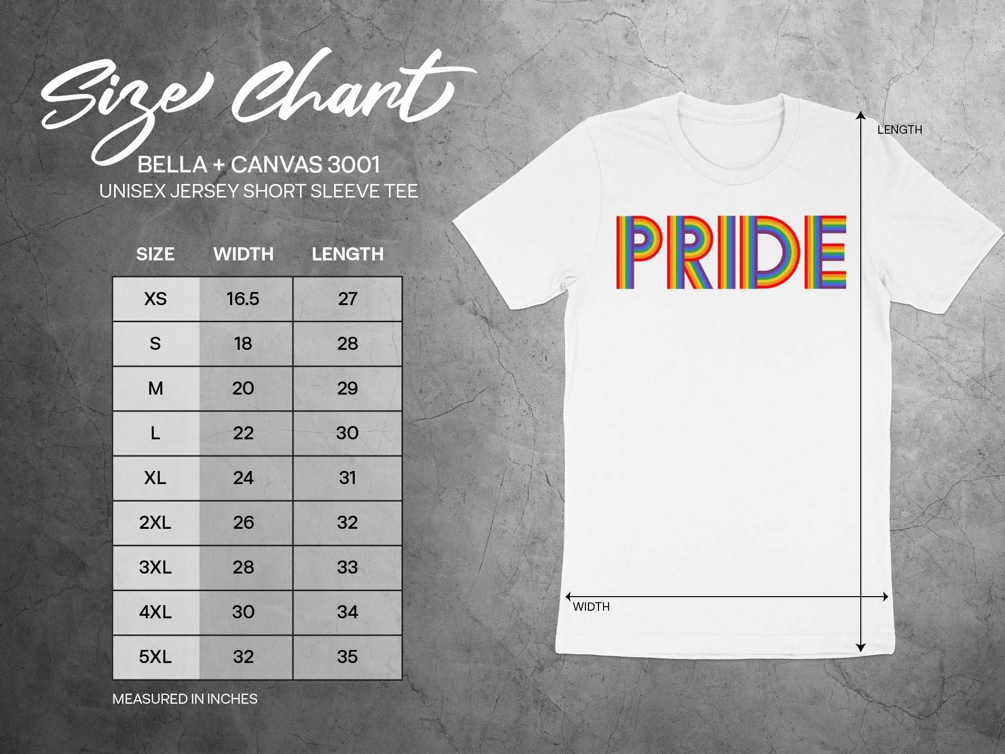 BELLA + CANVAS 3001 size chart for unisex short sleeve tee with PRIDE graphic.