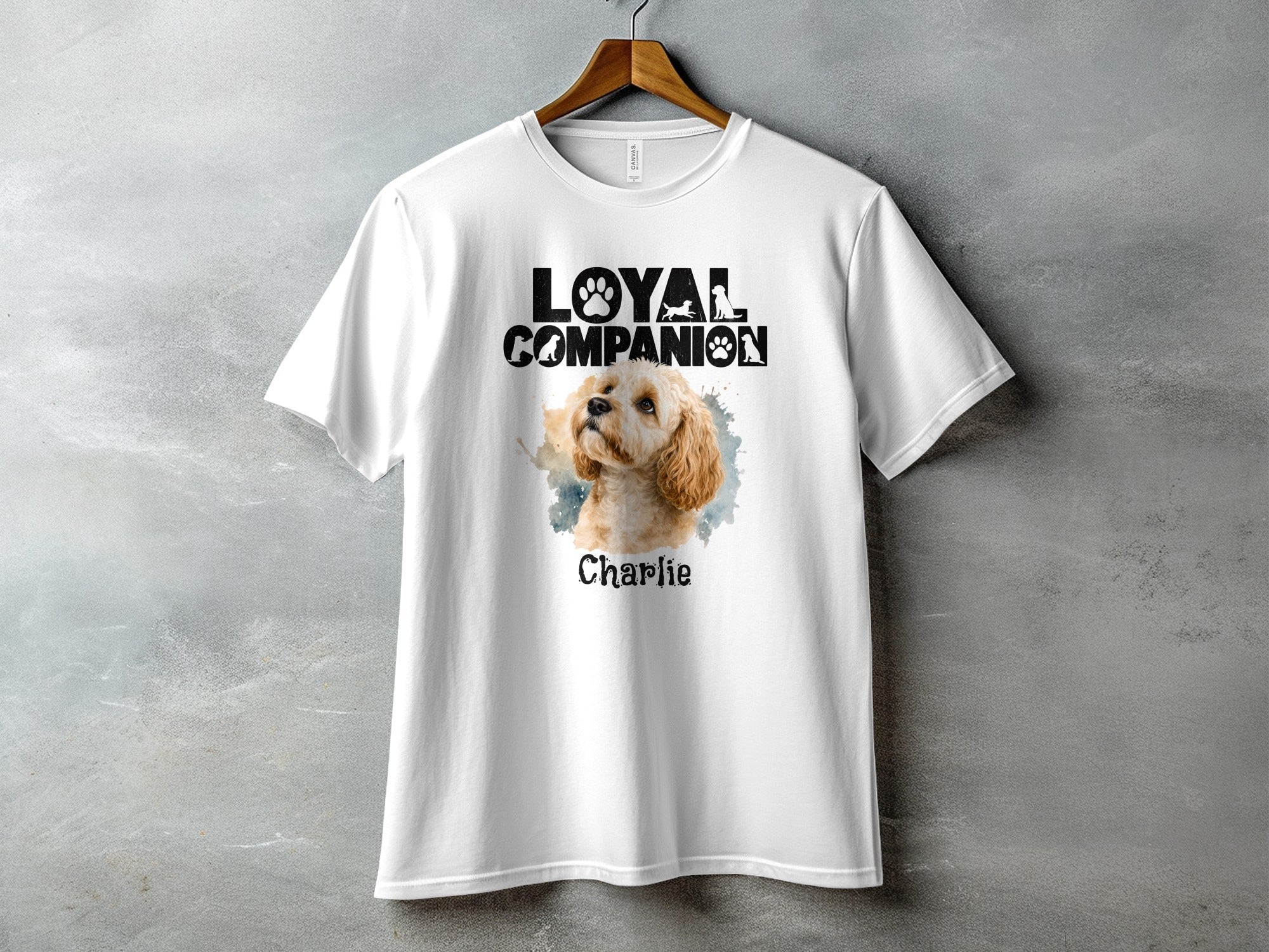 White t-shirt with "Loyal Companion" text and image of a dog named Charlie.