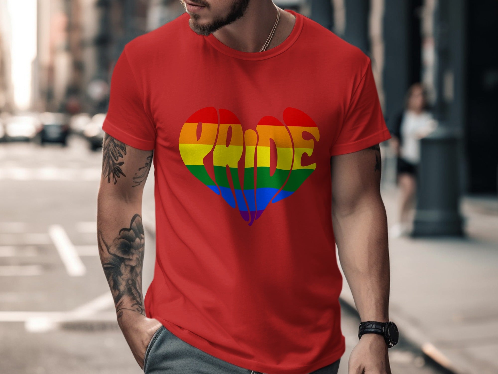 Red t-shirt with rainbow pride heart graphic on chest.