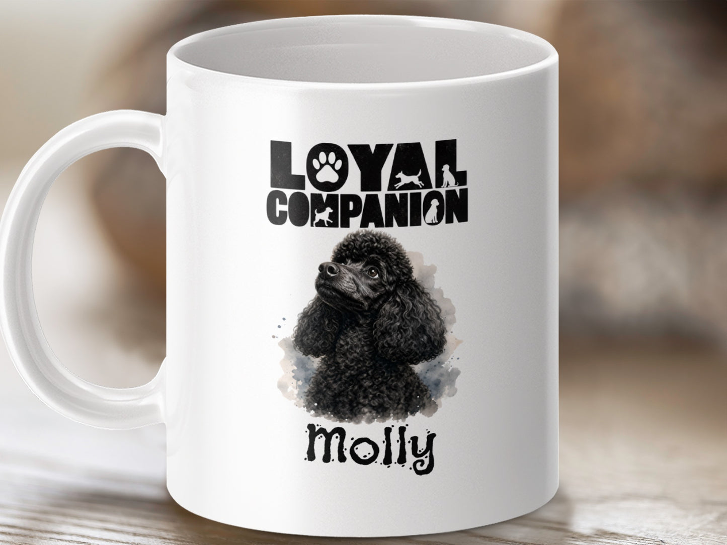White mug with black poodle art and "Loyal Companion Molly" text.