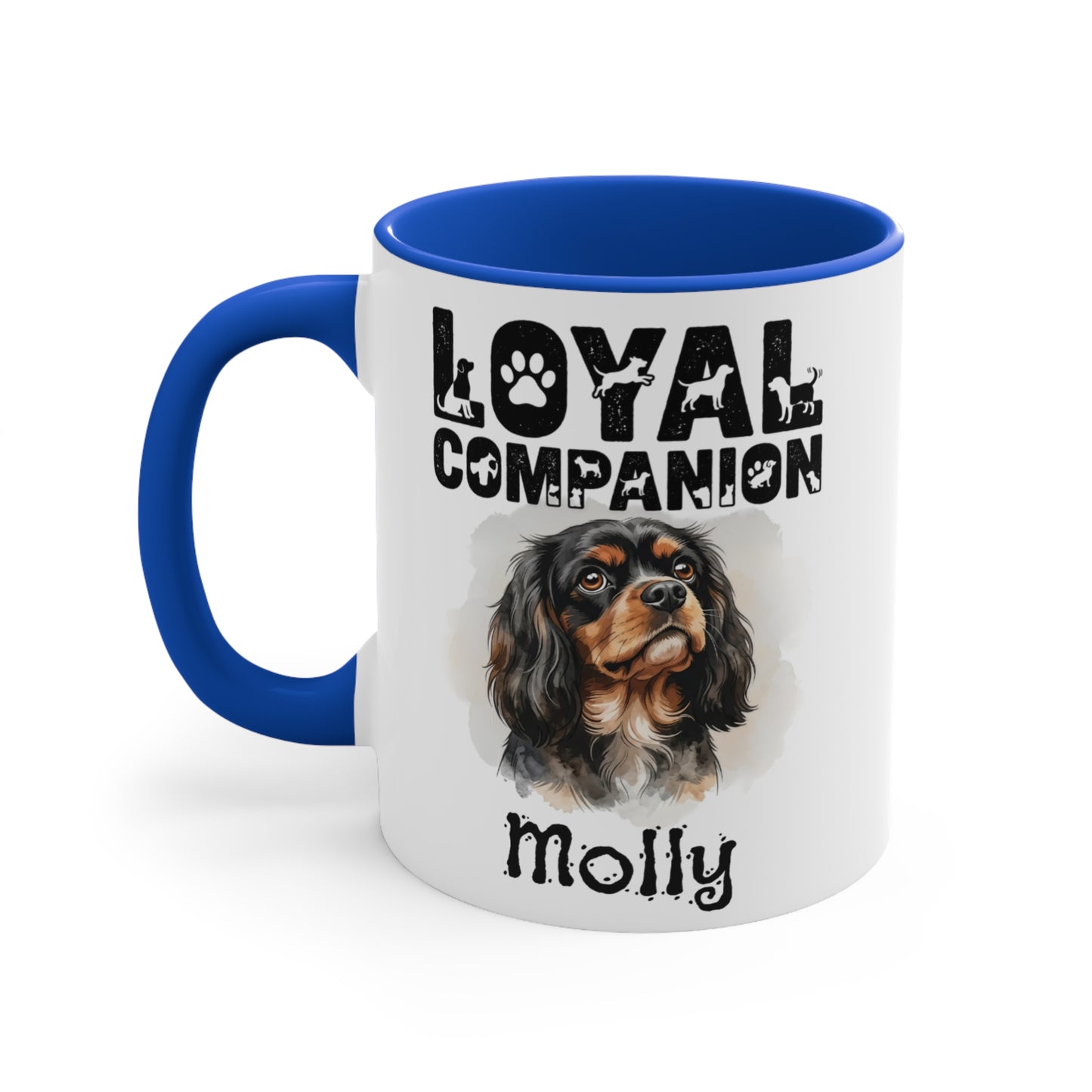 Mug with watercolor dog portrait and "Loyal Companion Molly" text.