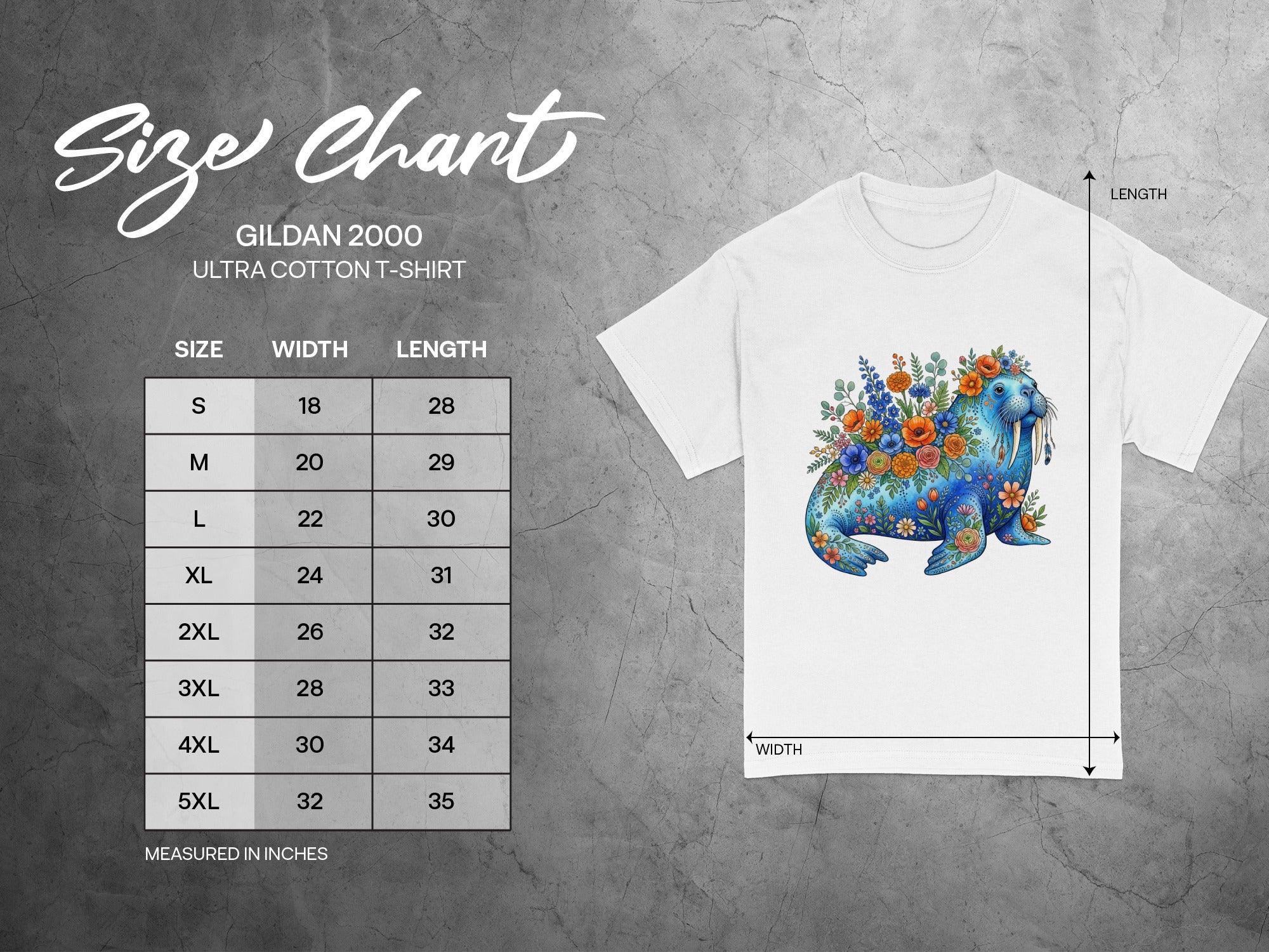 Gildan 2000 size chart for Ultra Cotton T-shirts with width and length measurements in inches.