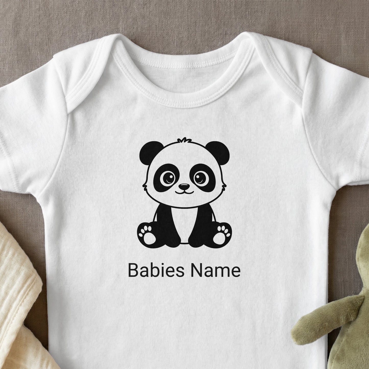 White baby onesie with a seated panda design and "Babies Name" text.
