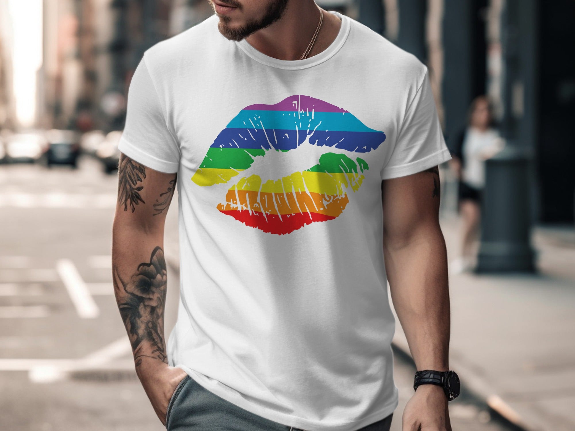 White t-shirt with rainbow-colored lipstick kiss graphic on chest.