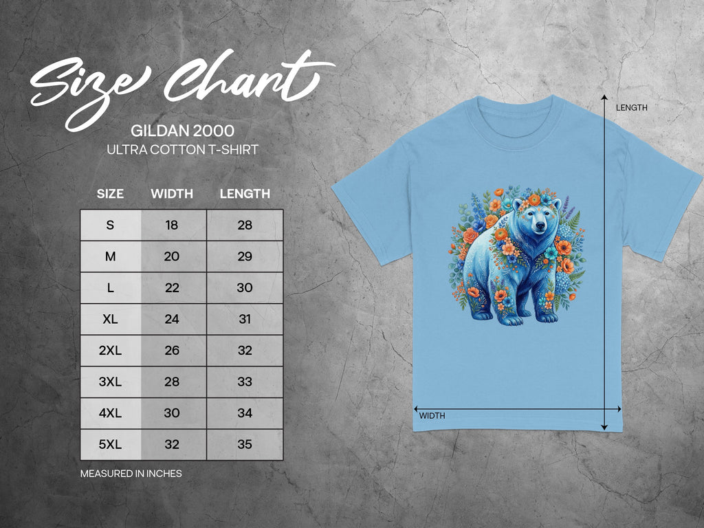 Gildan 2000 Ultra Cotton T-Shirt size chart with floral bear graphic.