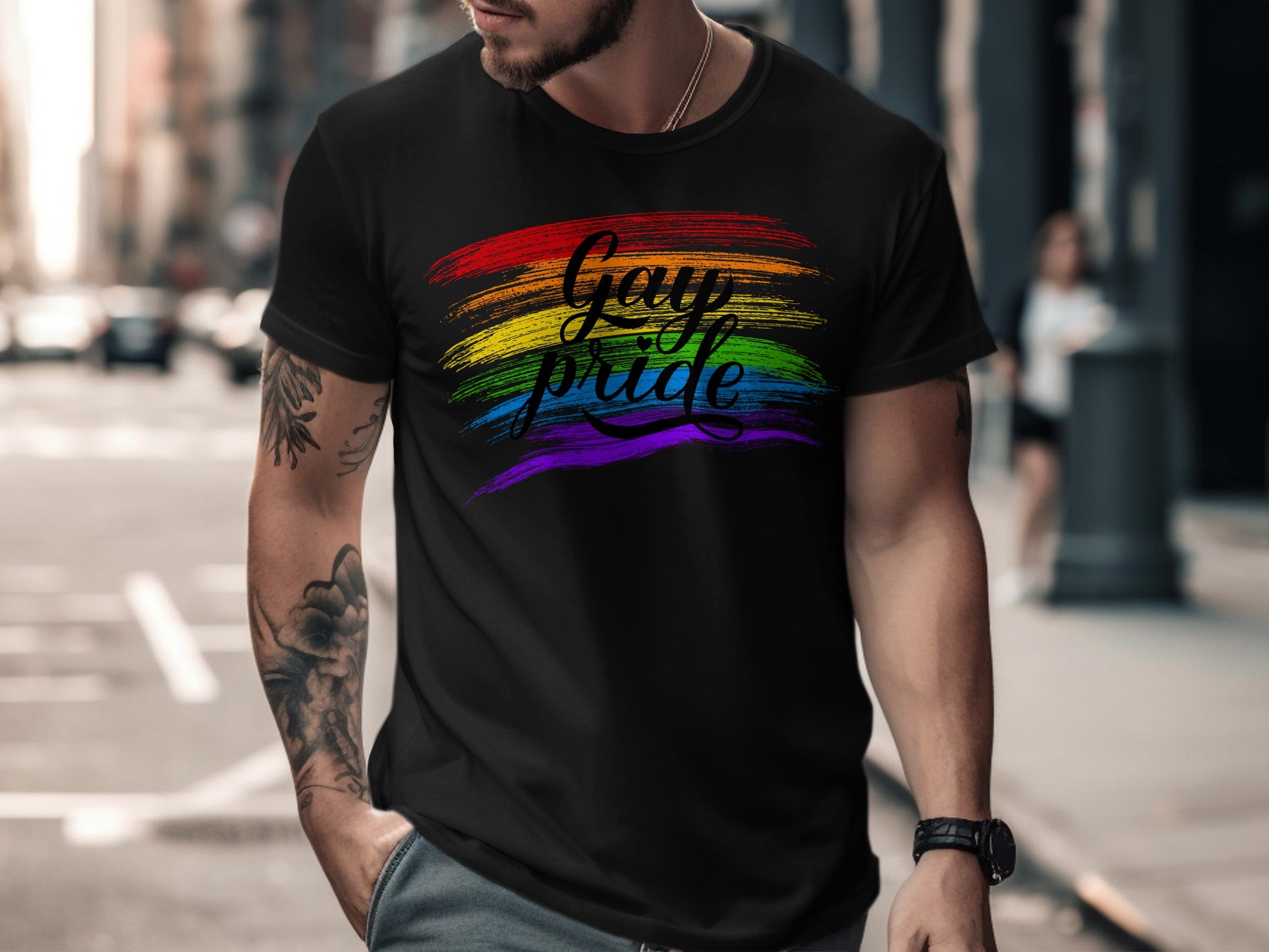 Black t-shirt with rainbow brush strokes and "Gay pride" text.