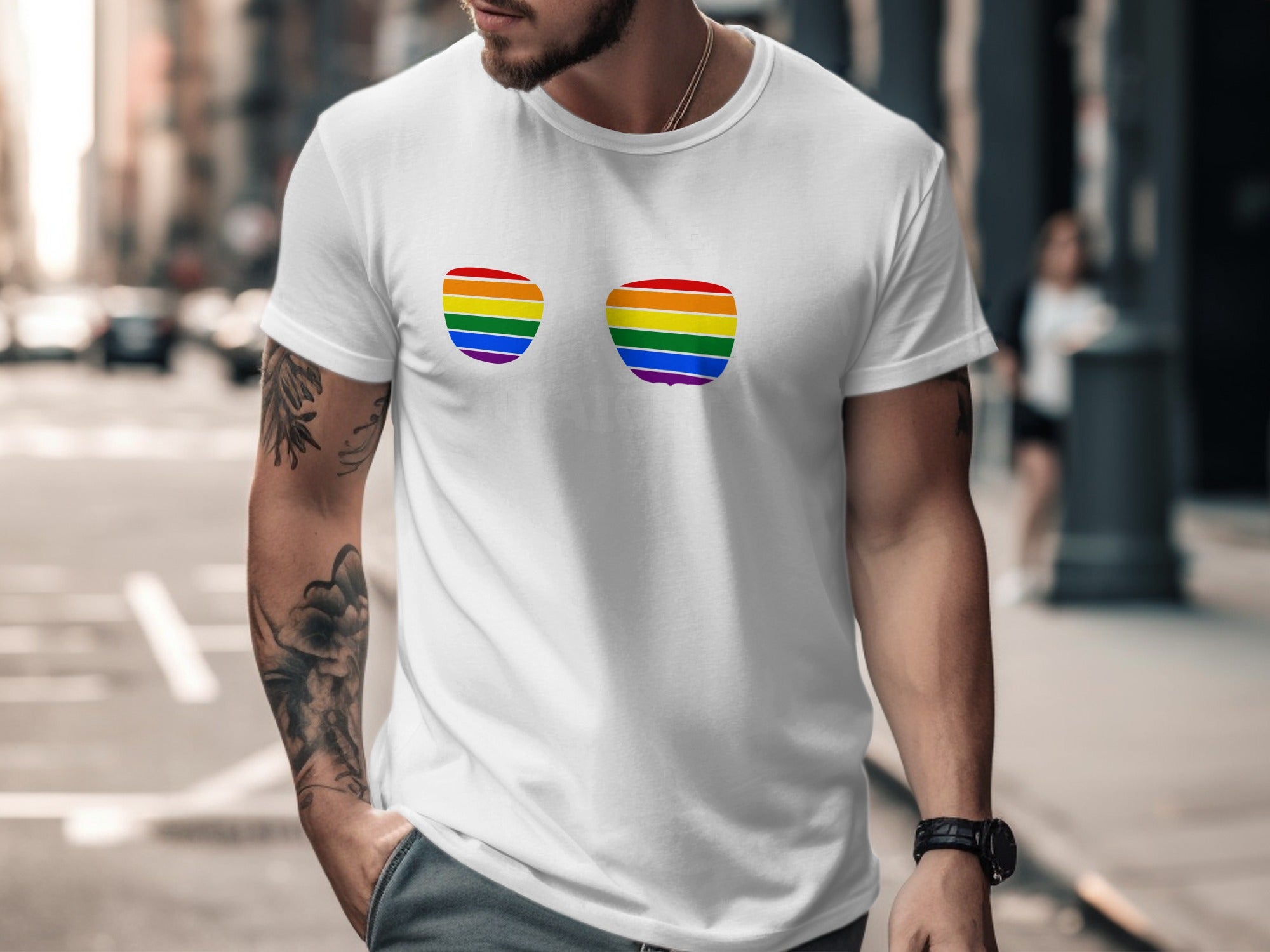 White t-shirt with two rainbow-striped breast graphic designs.