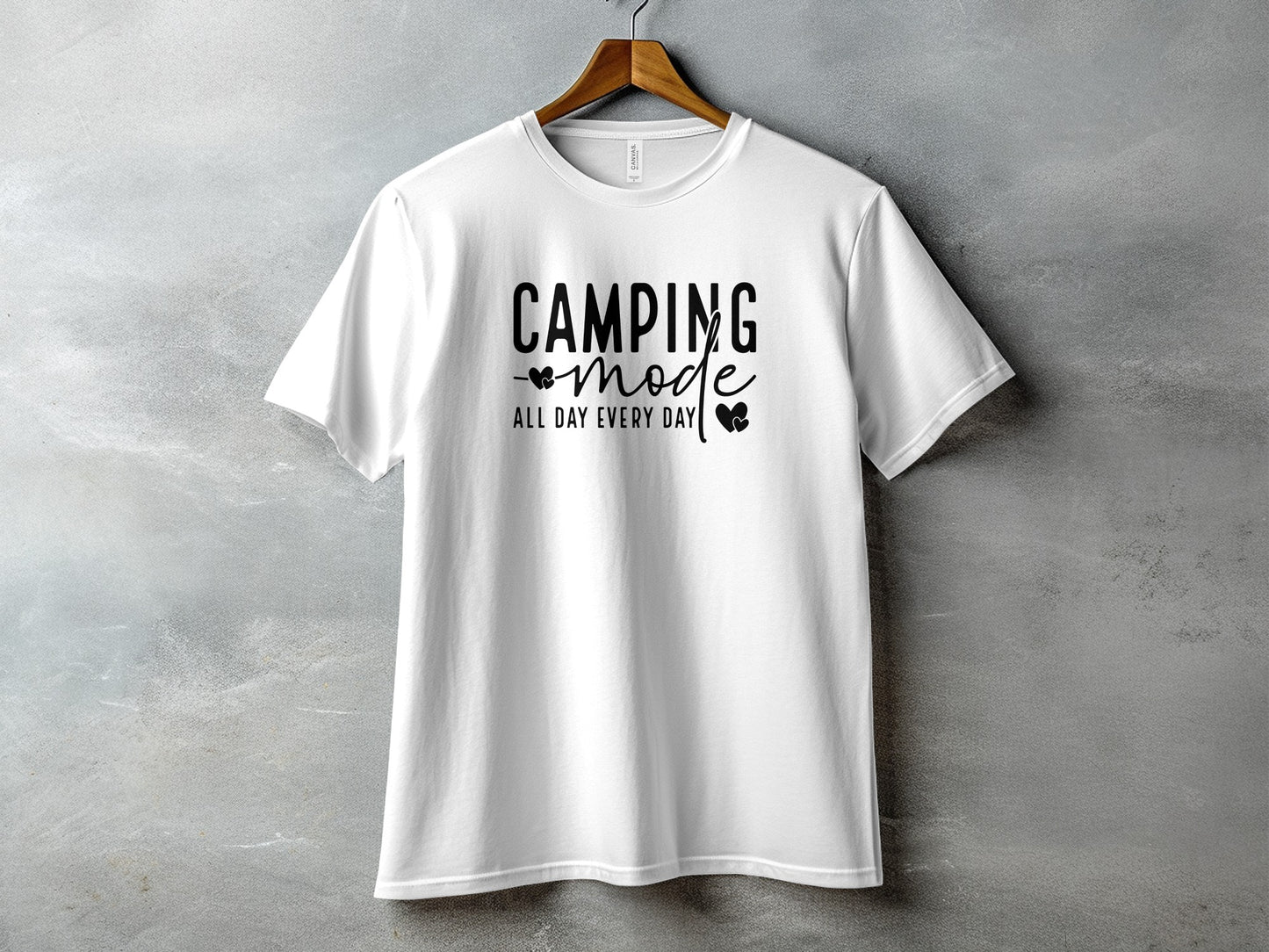 White t-shirt with "CAMPING mode ALL DAY EVERY DAY" text and heart graphics.