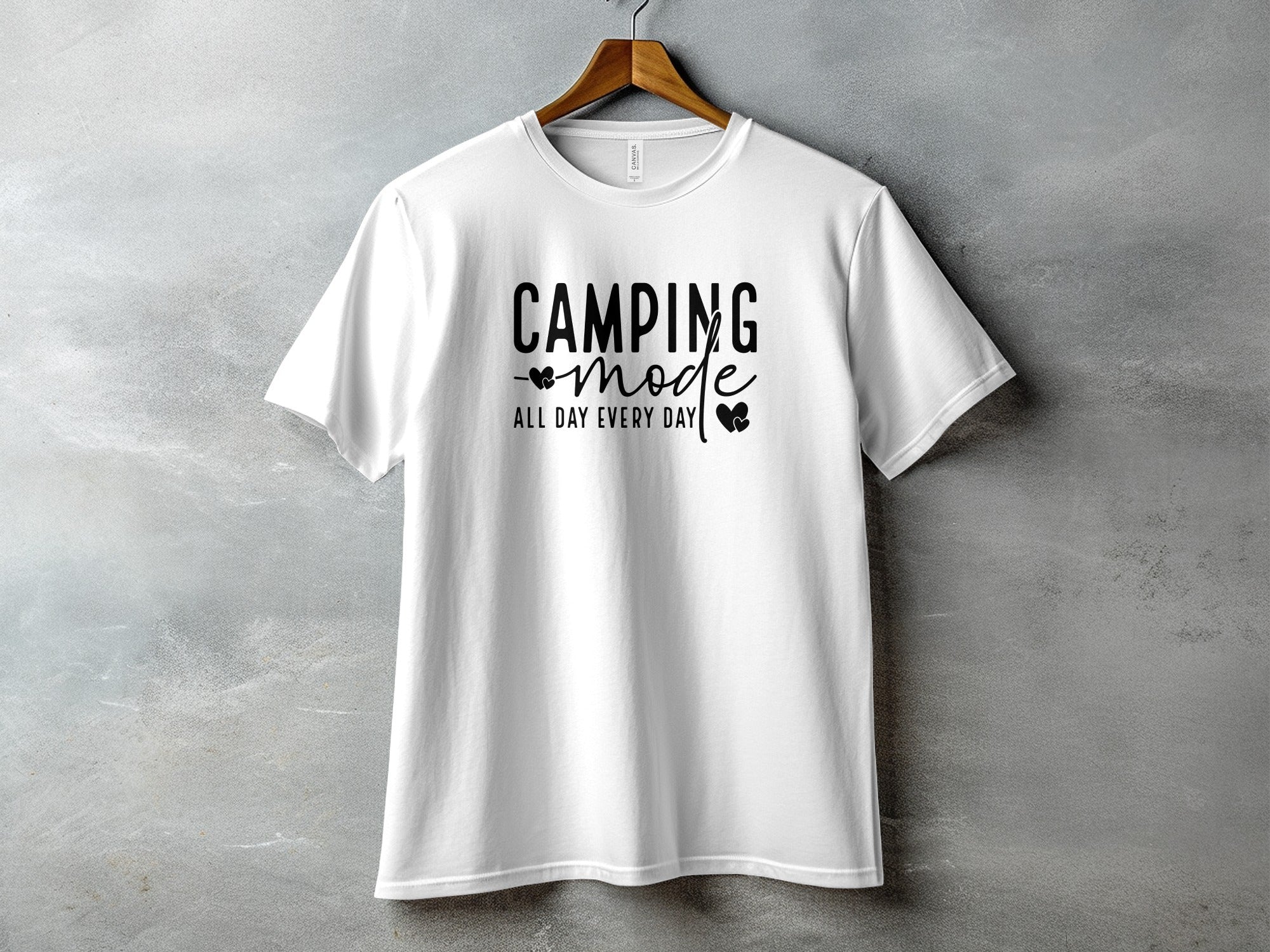 White t-shirt with "CAMPING mode ALL DAY EVERY DAY" text and heart graphics.