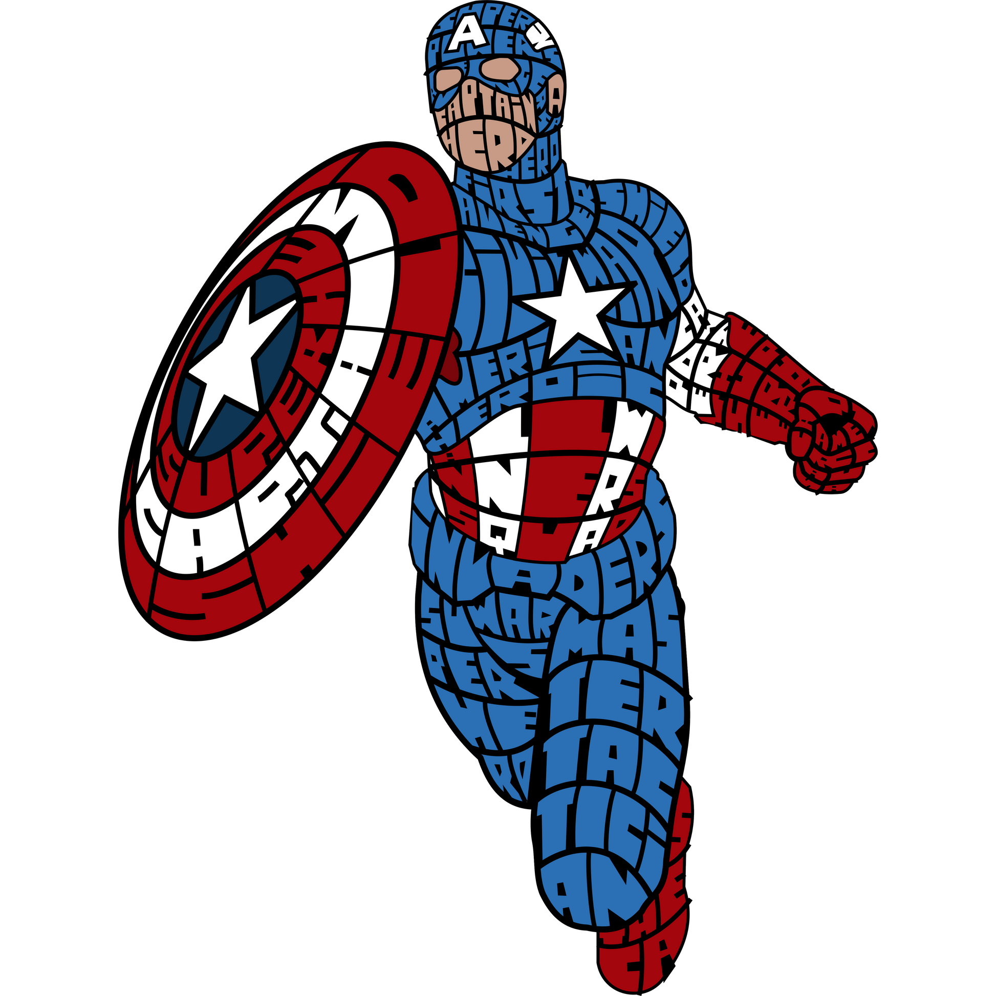 Captain America figure made of blue, red, and white text on a light gray background.