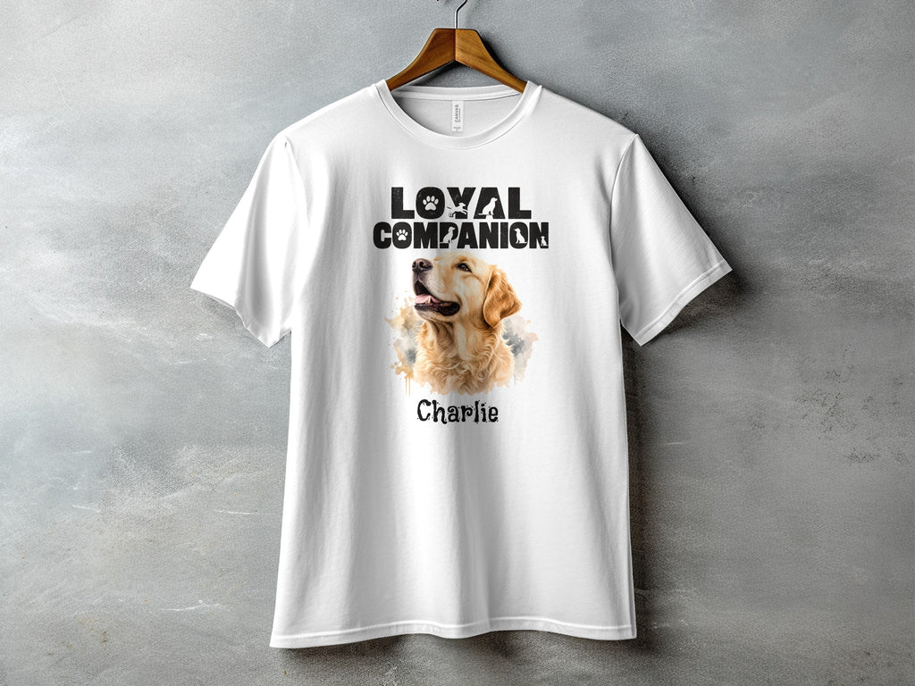 White t-shirt with watercolor Golden Retriever and text "Loyal Companion Charlie".