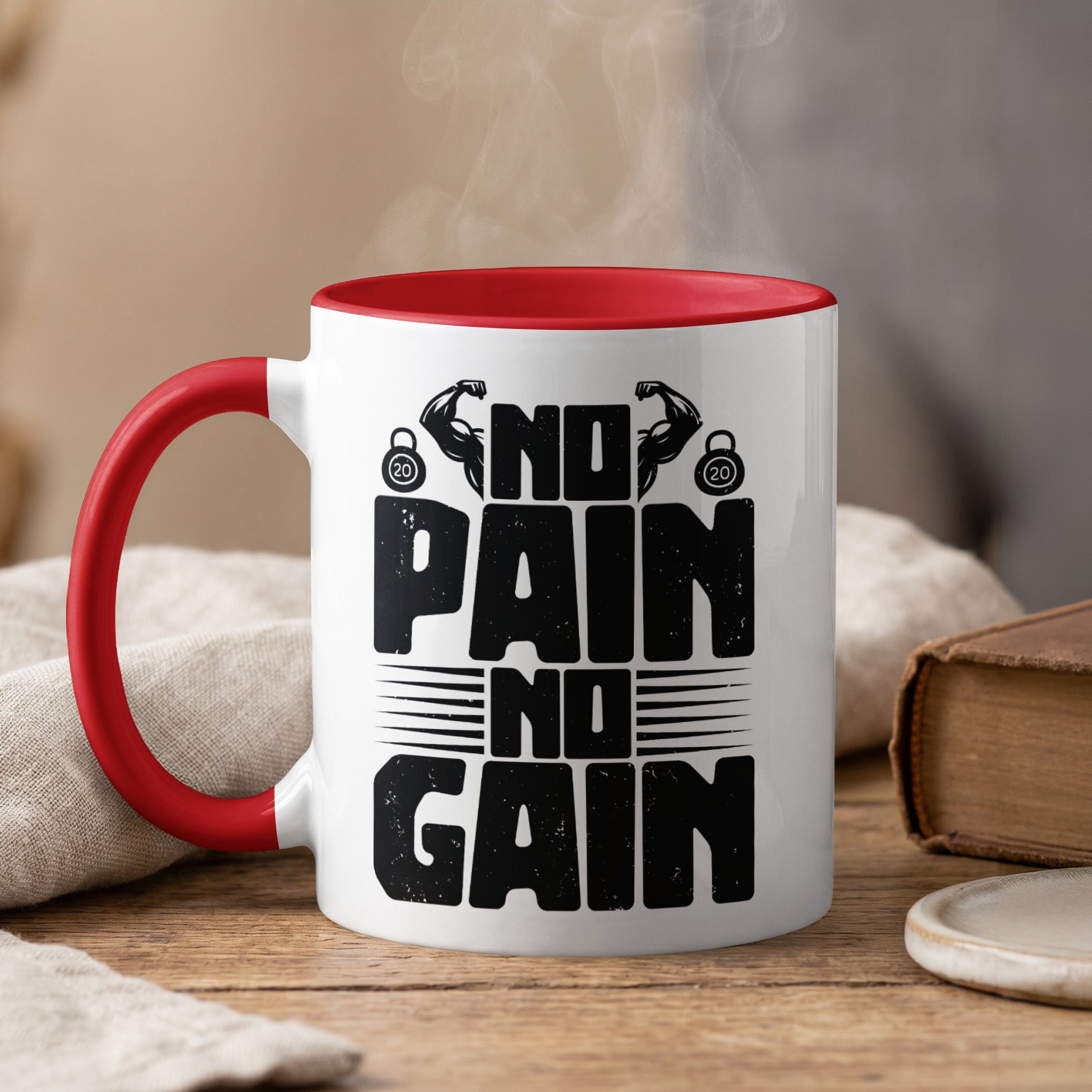 White mug with red rim, "NO PAIN NO GAIN" text and weights graphics.