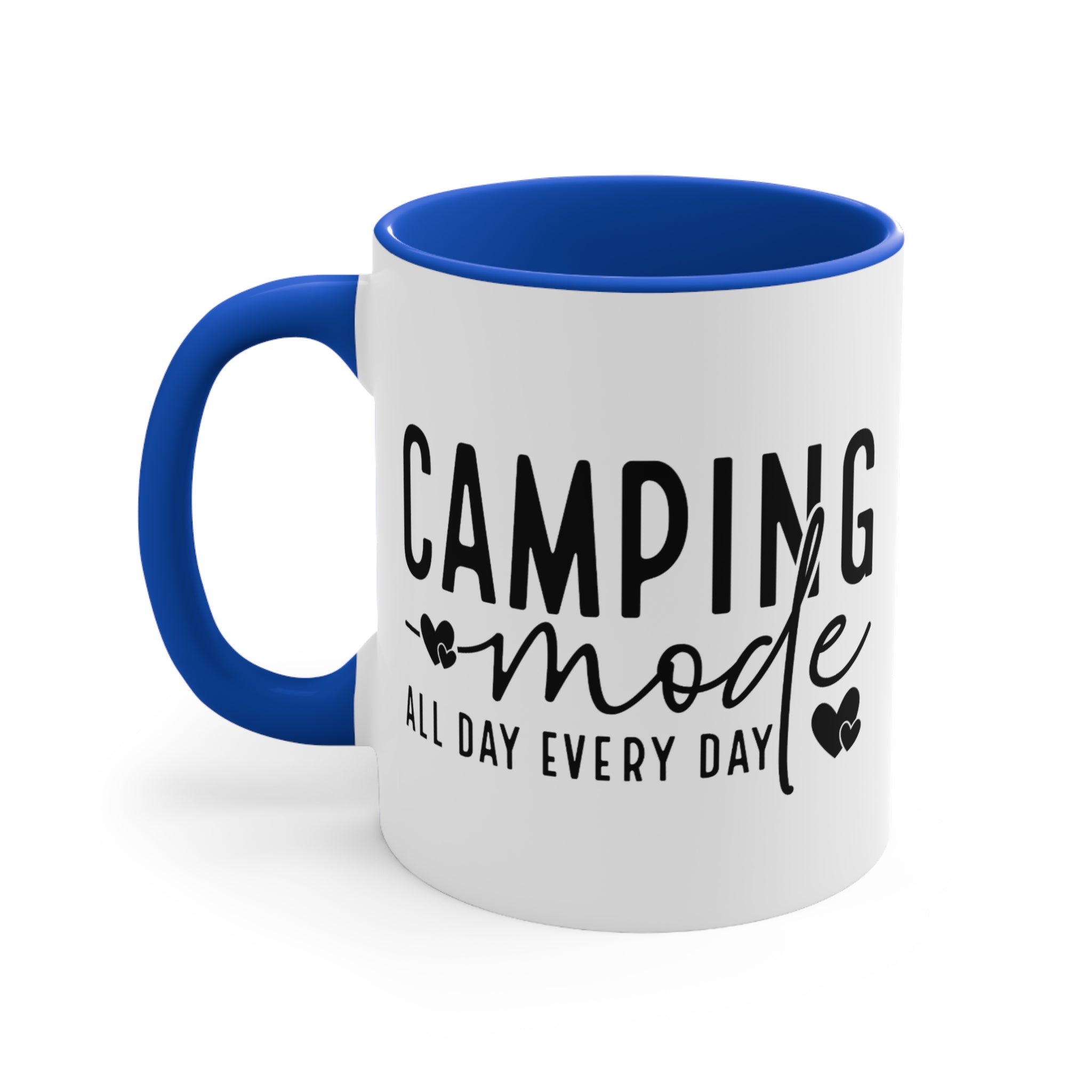 White mug with blue handle and interior, says "CAMPING mode ALL DAY EVERY DAY."