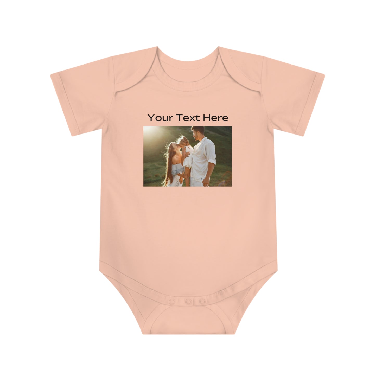 Peach baby bodysuit with a customizable photo area in the center.