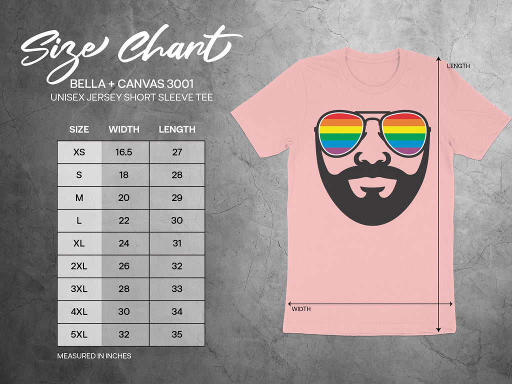 Size chart for Bella + Canvas 3001 unisex t-shirts with rainbow sunglasses graphic.