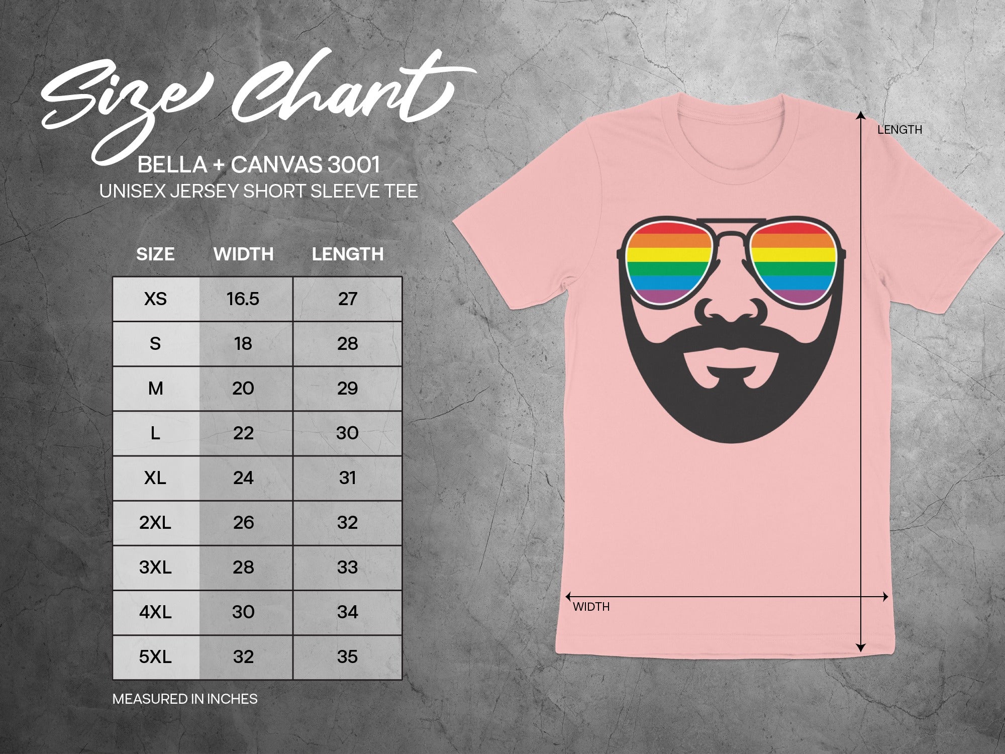 Size chart for Bella + Canvas 3001 unisex t-shirts with rainbow sunglasses graphic.