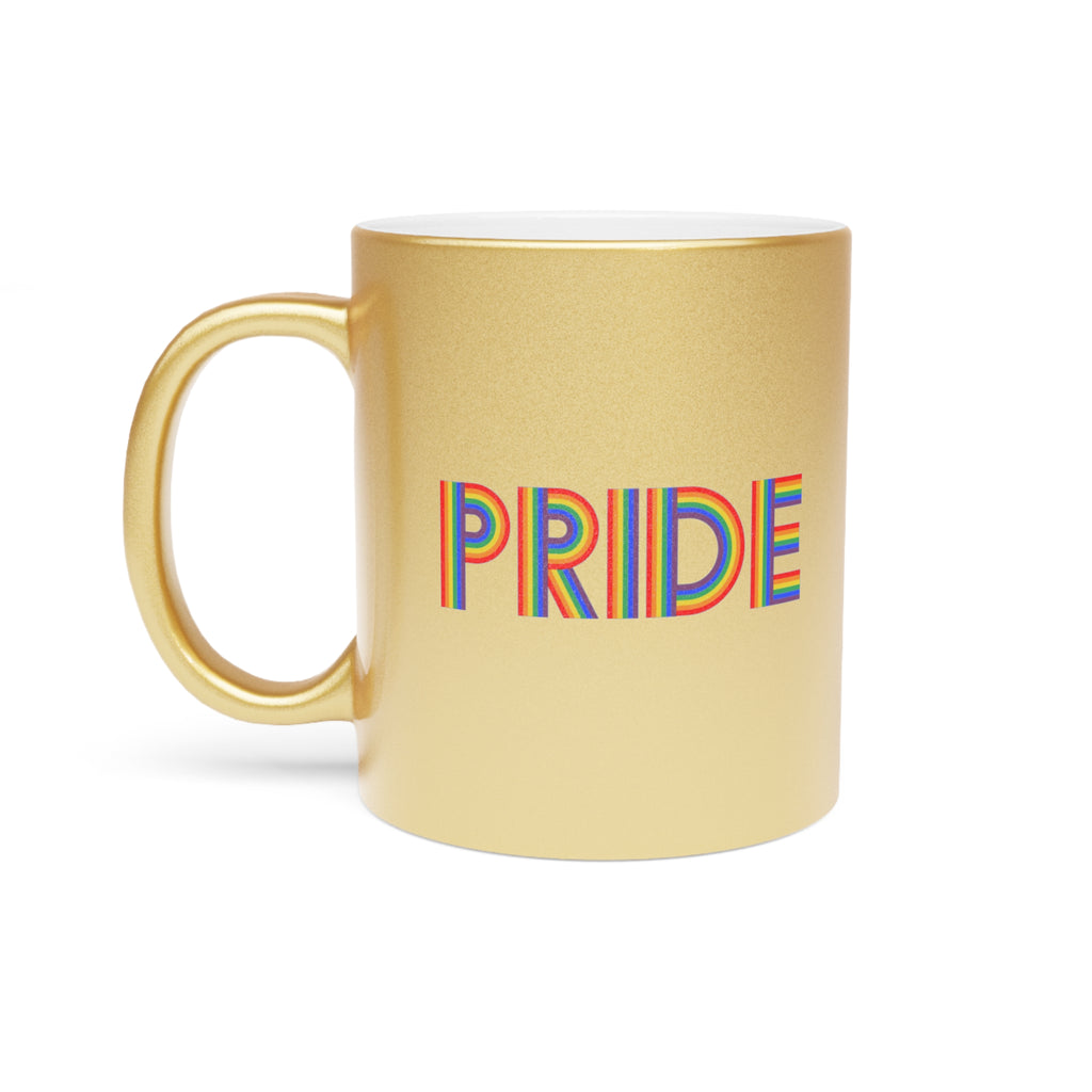 Gold mug with rainbow "PRIDE" text against a white background.