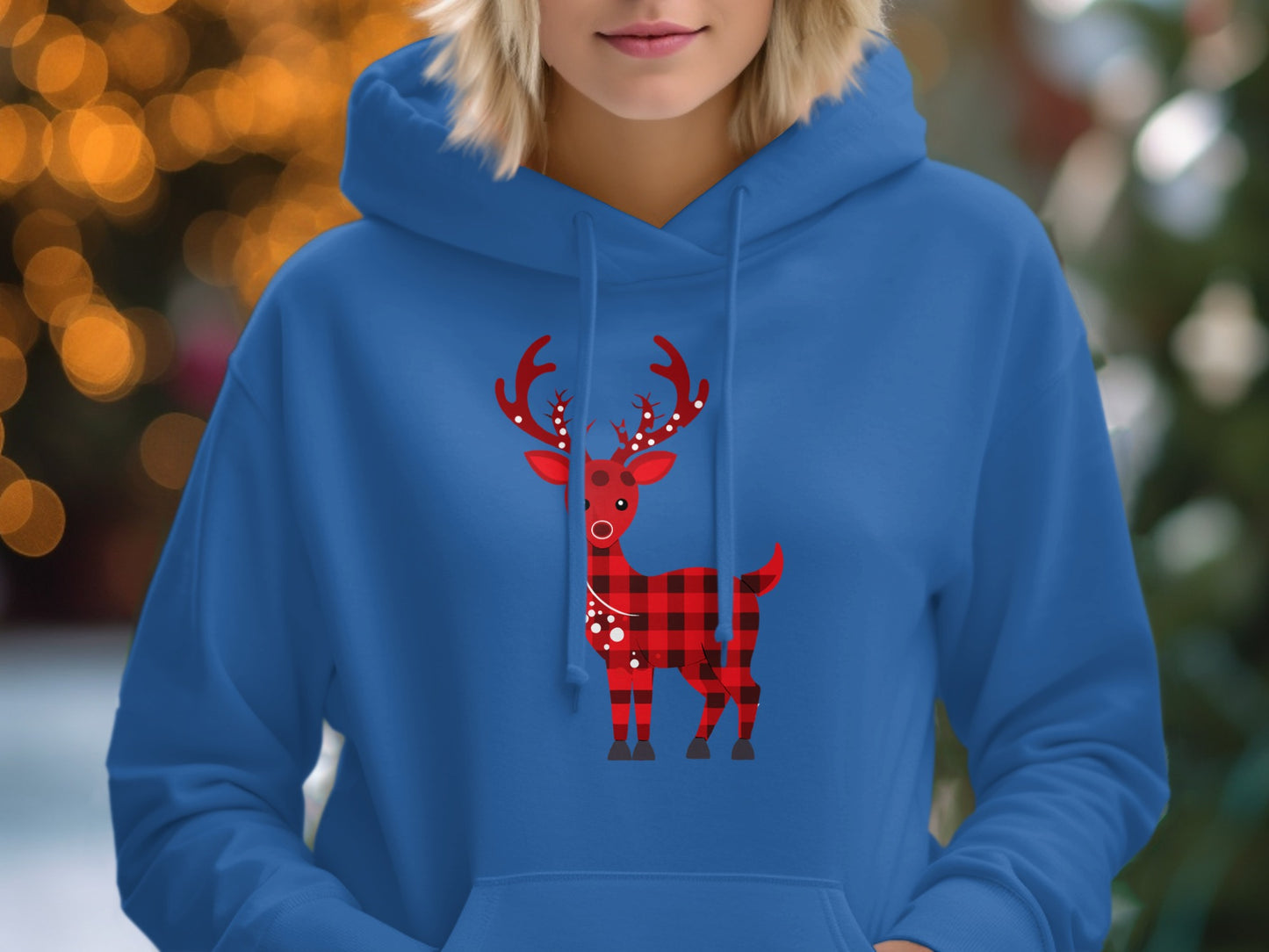 Cute Plaid Reindeer Graphic Hoodie for Festive Season