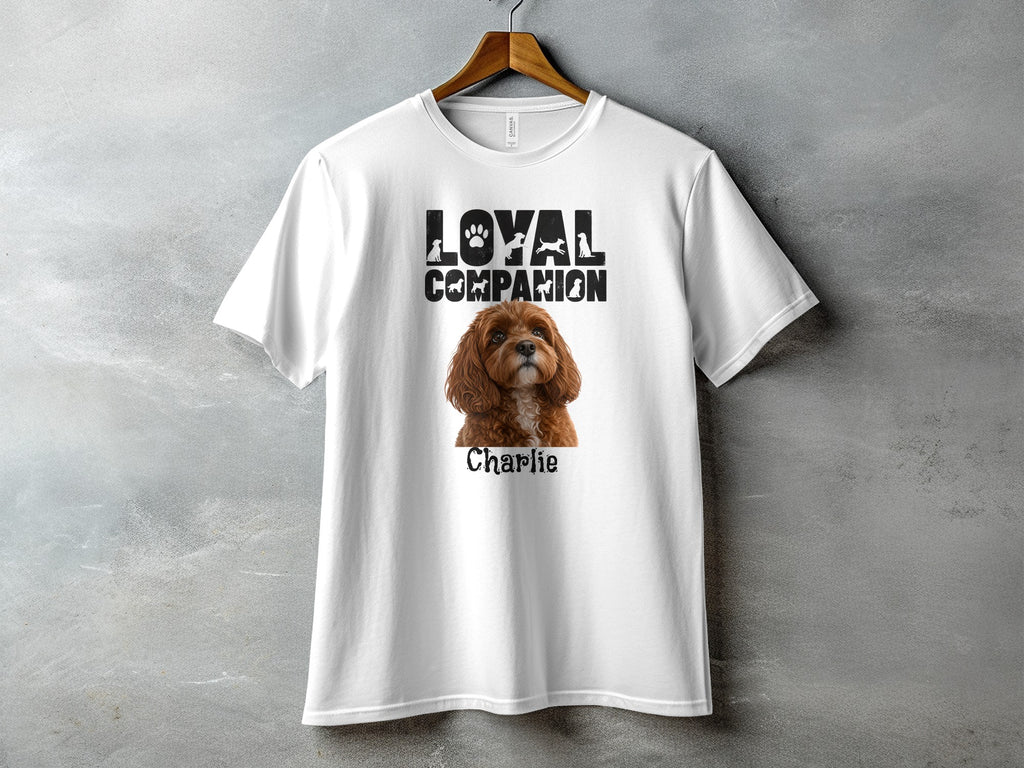 White t-shirt with black "Loyal Companion" text and a dog named Charlie.