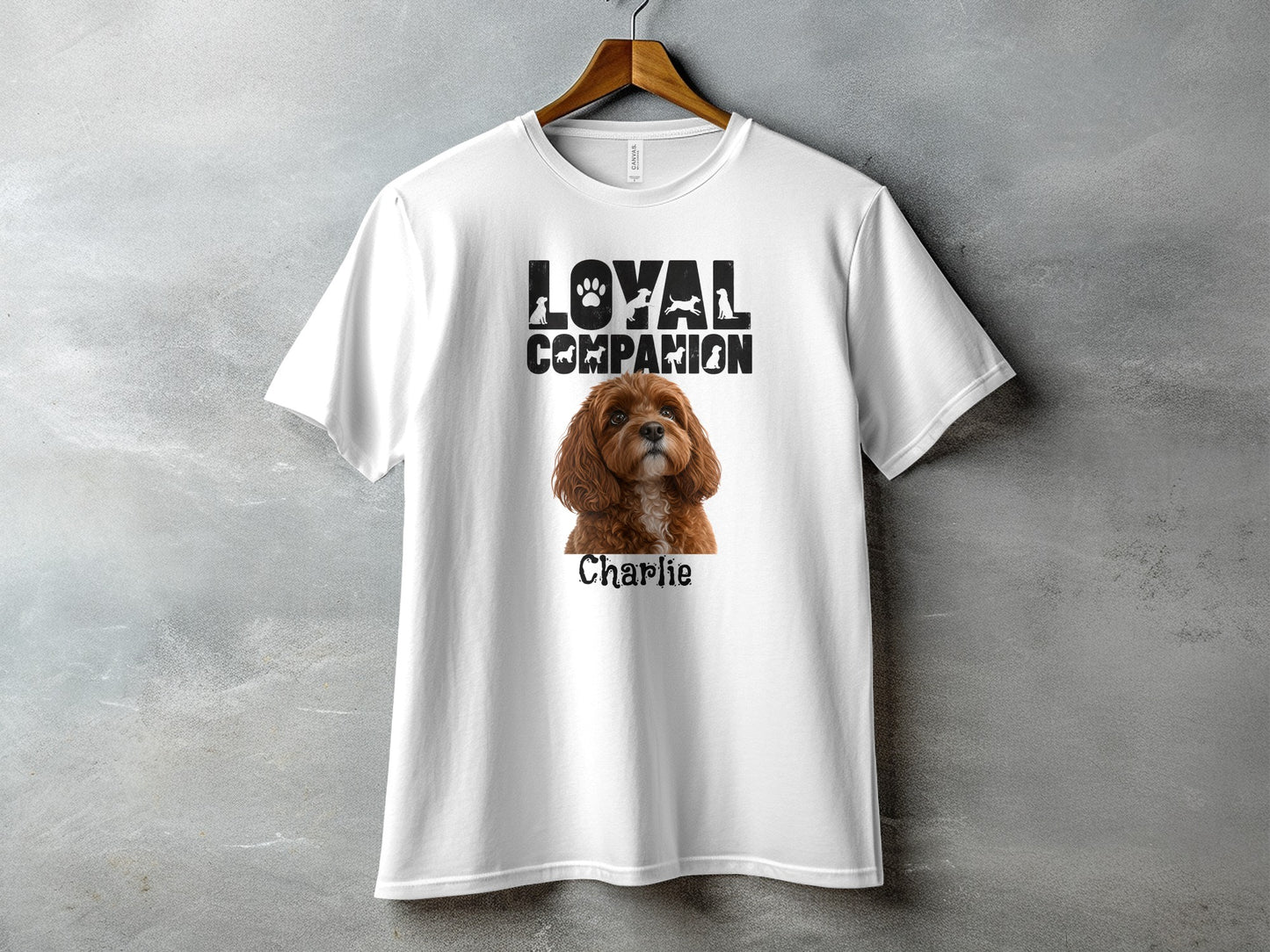 White t-shirt with black "Loyal Companion" text and a dog named Charlie.