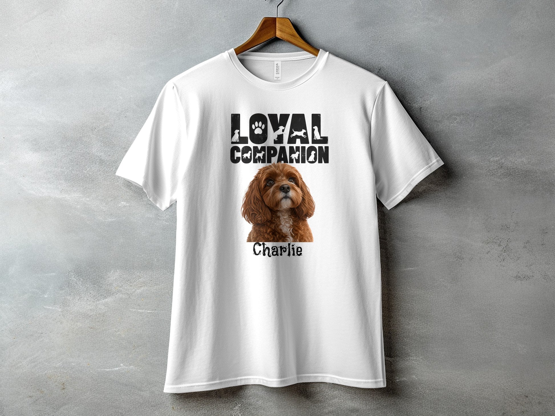 White t-shirt with black "Loyal Companion" text and a dog named Charlie.