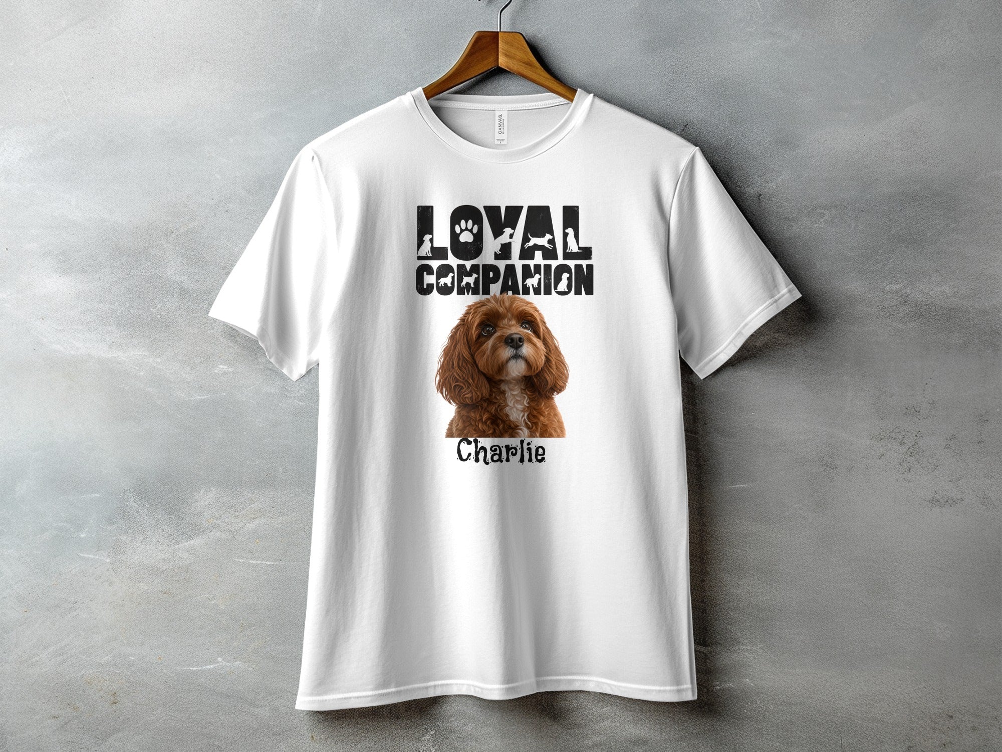 White t-shirt with black "Loyal Companion" text and a dog named Charlie.
