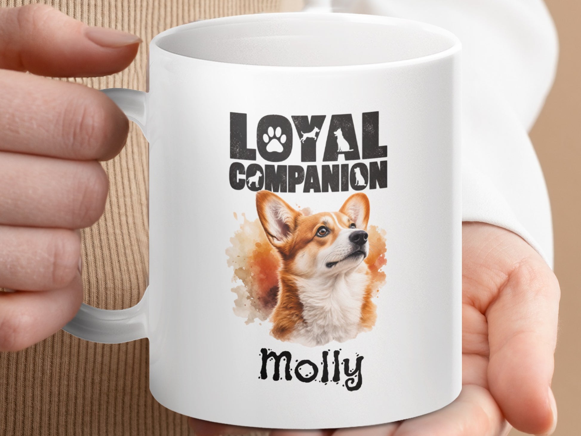 White mug with "Loyal Companion" text, a corgi illustration, and the name "Molly."