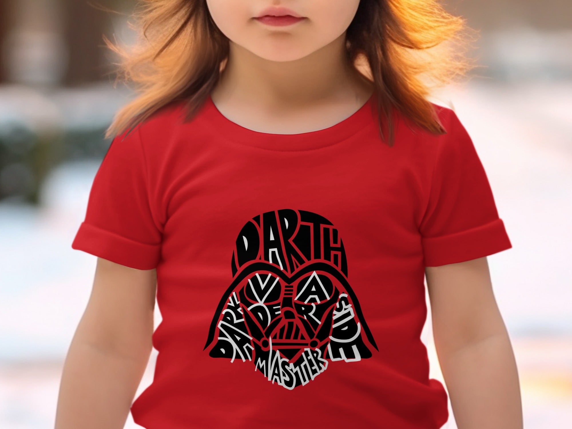 Red t-shirt with Darth Vader mask made of text.