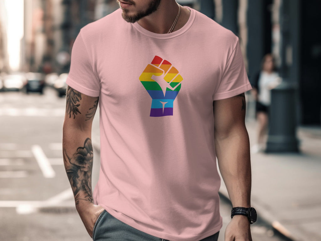 Pink t-shirt with a rainbow fist symbol on the chest.