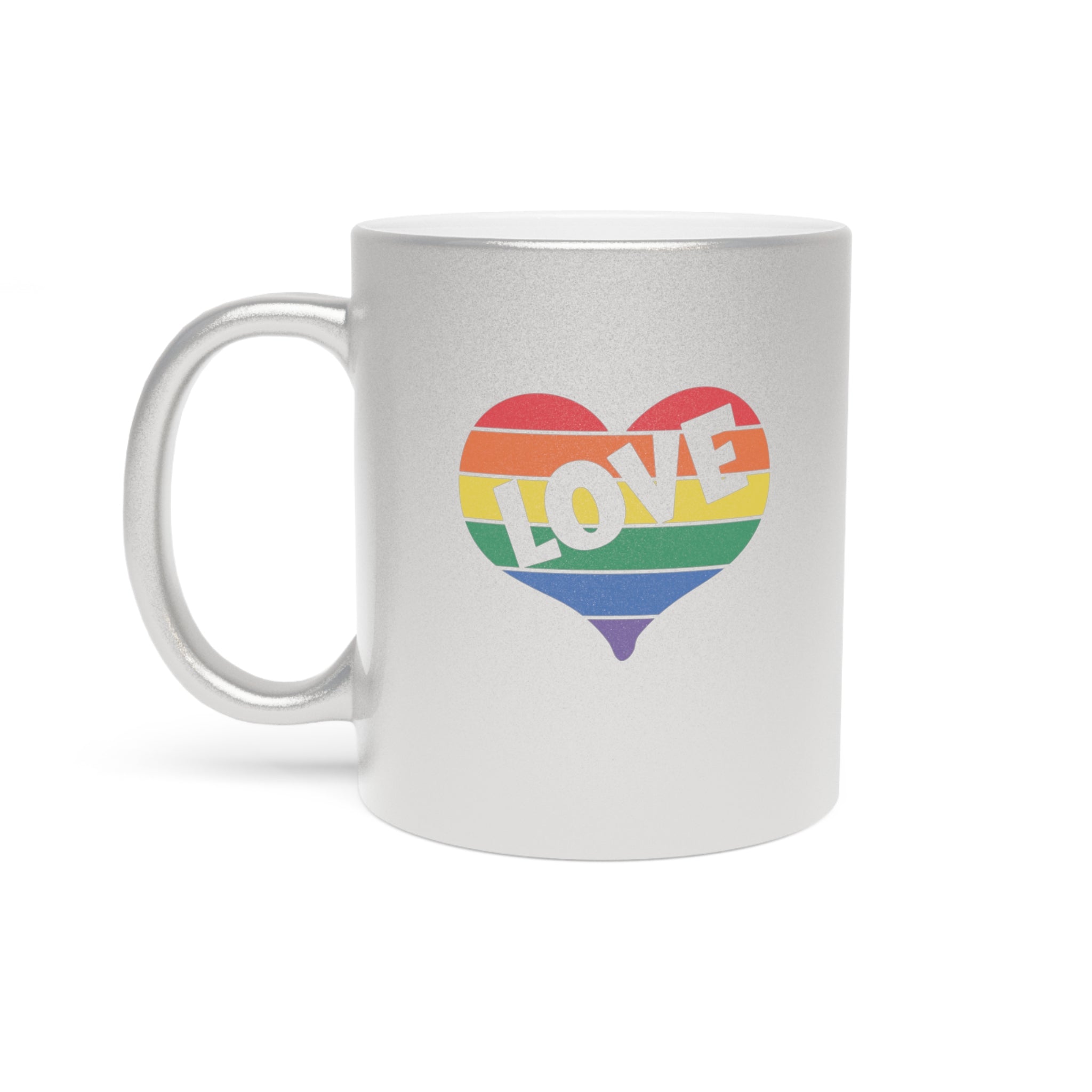 Silver mug with rainbow heart and the word "LOVE" on it.