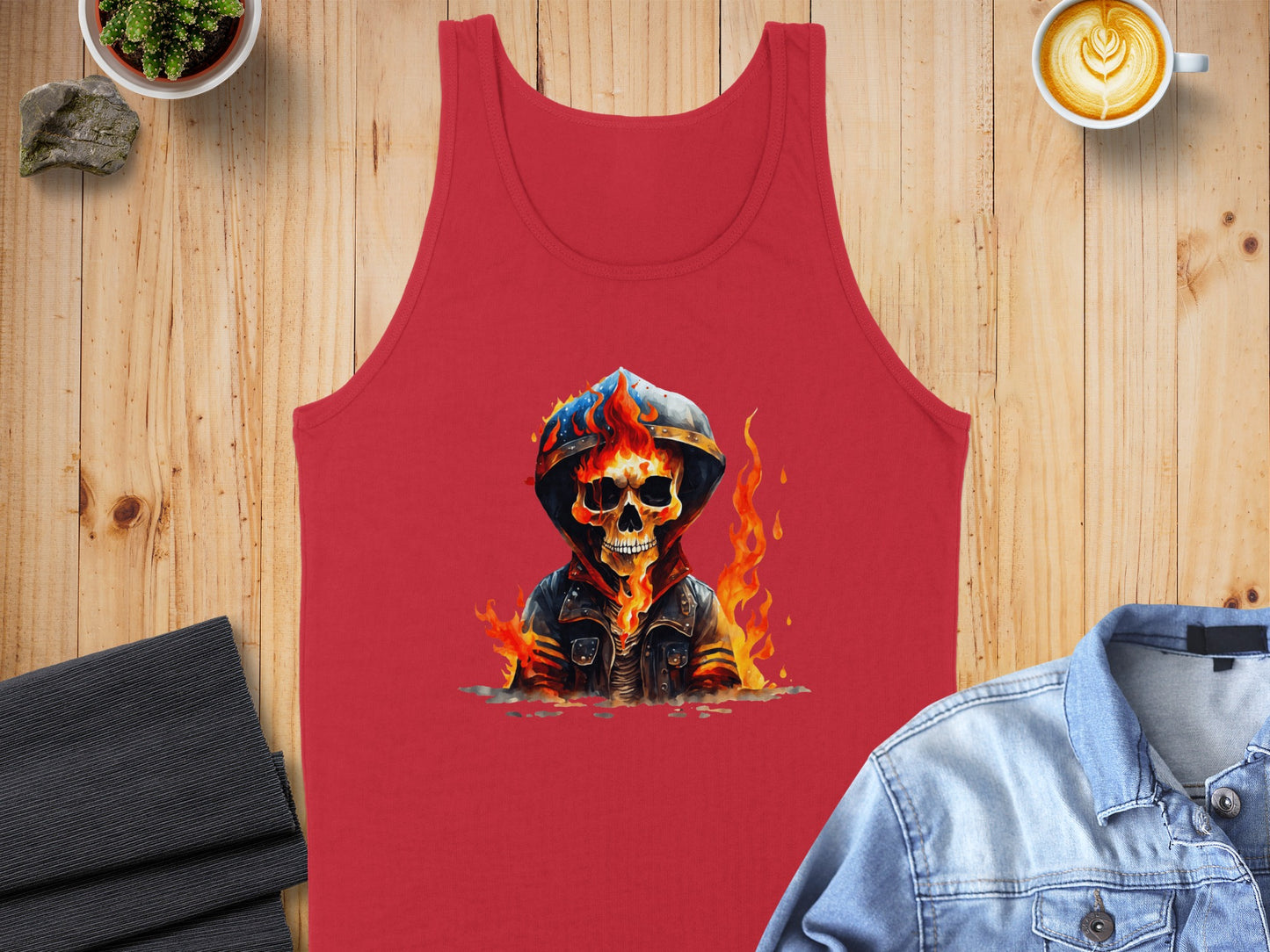 Red Tank Top Featuring Firefighter Skull Design